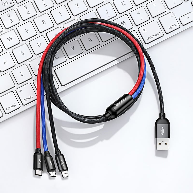 Cáp sạc và truyền dữ liệu tốc độ cao Baseus Three Primary Colors tích hợp 3 đầu kết nối Type C, Android và Lightning ( USB Type A to USB Type C/ Micro USB/ Lightning Fast Charging Cable)